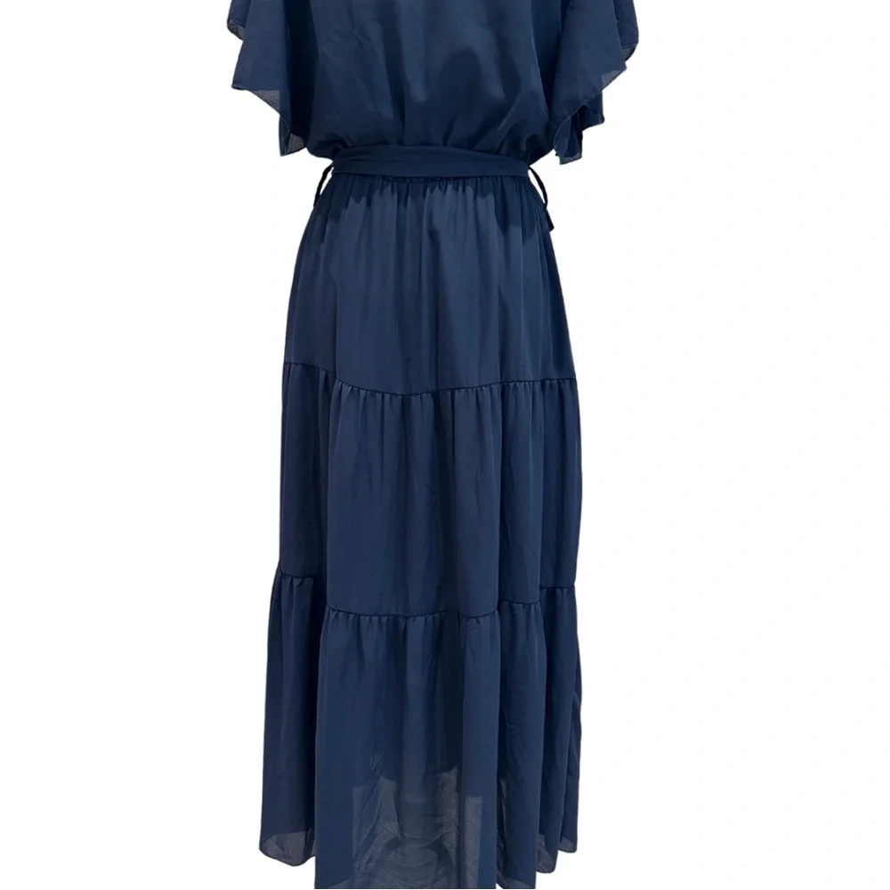 NWOT Navy Blue Flowy Midi Dress | Ruffle Sleeves + Elastic Waist (M) - Picture 10 of 13